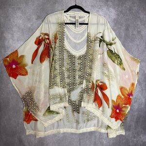 Chico's Cream & Floral Sacred Geo Oversized Cover Up with Relaxed Boxy Fit